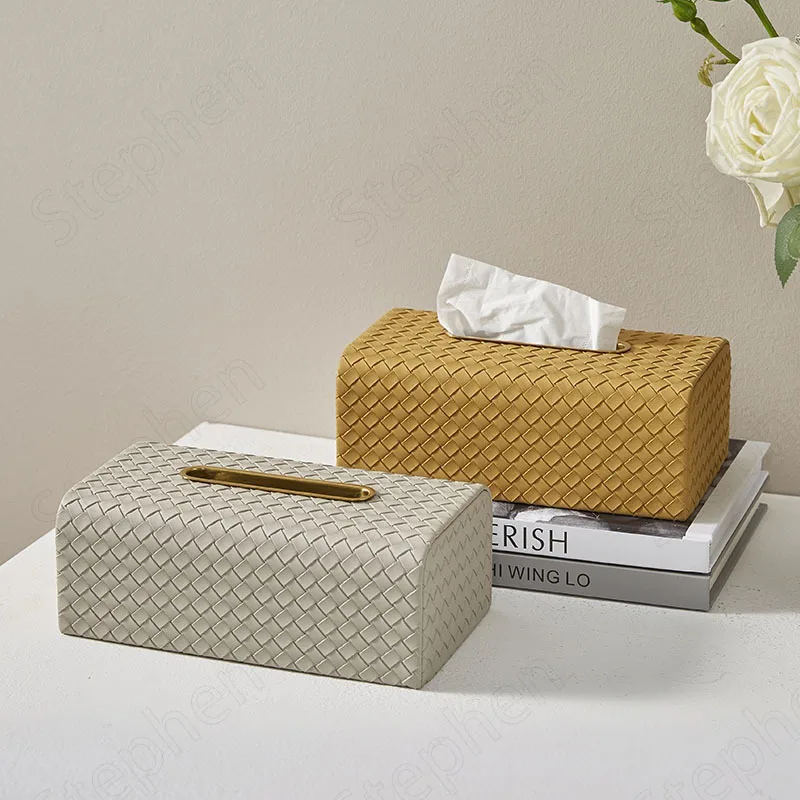 

Woven Leather Napkin Holder Creativity Golden Stroke Tissue Boxes Nordic Simple Solid Color Household Desktop Paper Towel Box