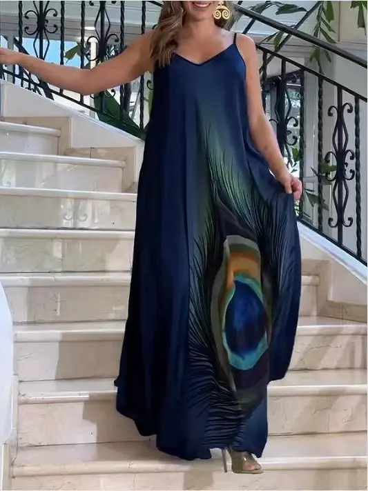 

Casual Printed Dress Sexy Deep V-neck Suspender Backless Long Dress Loose Big Hem A-line Dresses Summer Fashion Women New Style