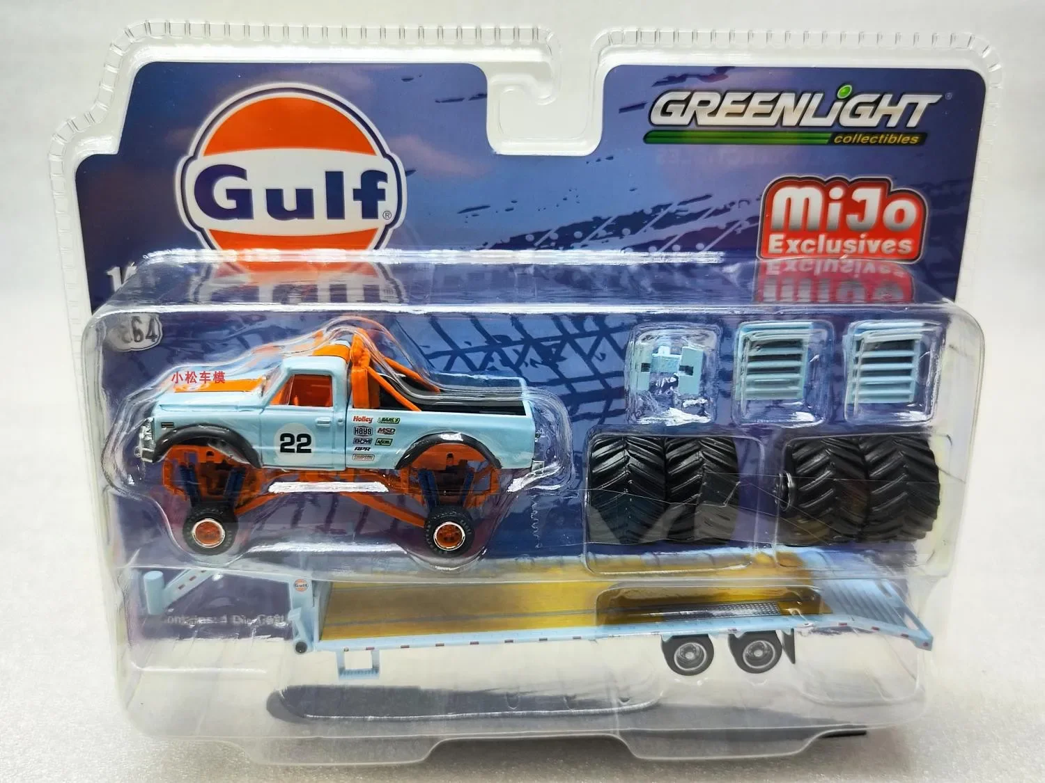 

1: 64 1972 Chevrolet K-10 Monster Truck with Gooseneck Trailer and Tire Bay Gulf Collection of car models