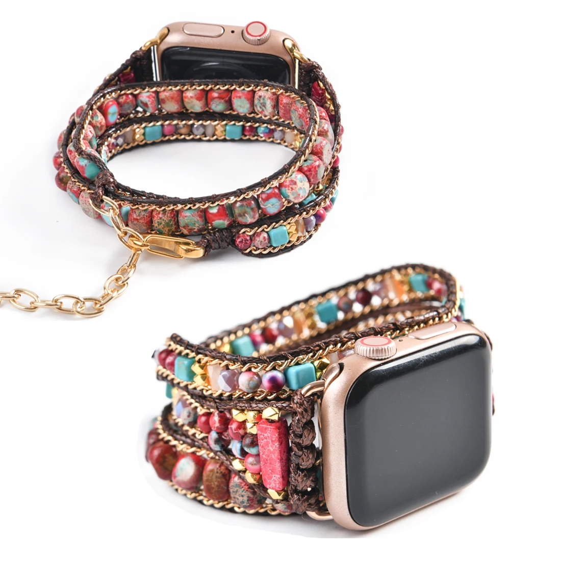 Natural Stone Apple Watch Band Vegan Beaded Strap Smartwatch Bracelet For Iwatch Series 1-8 Accessories with Chain