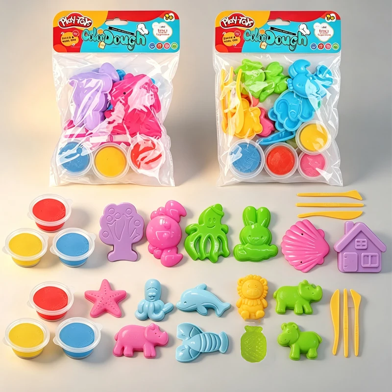 Play Dough Toys Seriess Animals Nature Foods Fruits Themed Color Clay Set with Molds Kids Safe Cutters Color Dough Accessories