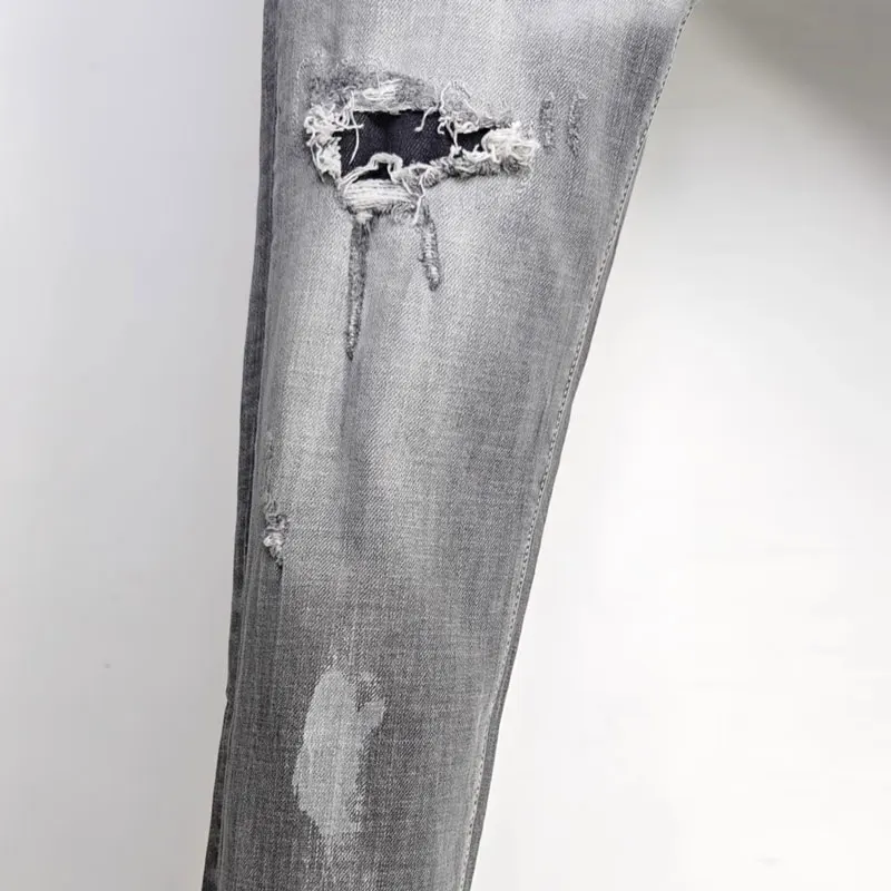 Men Grey Washed Ripped Skinny Jeans Mid Waist With Washed Patch Stretch Slim Fit Denim Casual Long Trousersy2k