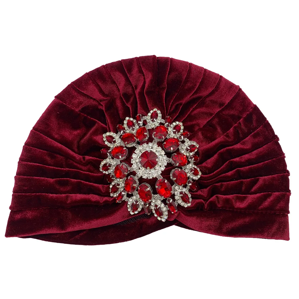 Luxury Rhinestone Velvet Turban Caps for Women Diamonds Headscarf Bonnet India Cap Muslim Headwear Hat Turbante Mujer