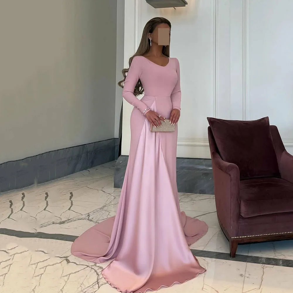 

Msikoods Pink Long Sleeve Evening Dresses 2025 Mermaid Elegant Formal Dress V Neck Prom Gown Saudi Arabia Party Dress Customized