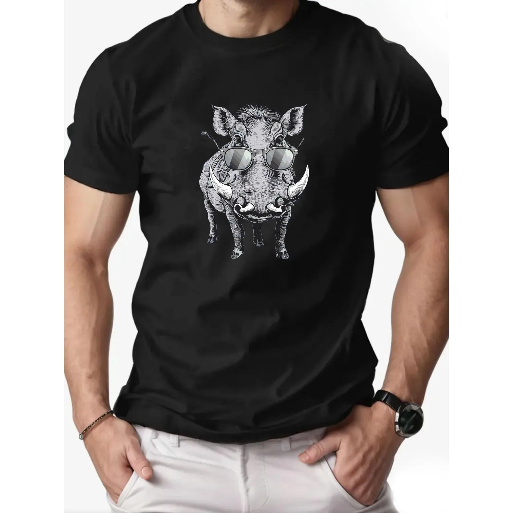 Cool Warthog Wearing Sunglasses Graphic Tee Men's Casual Cotton Short Sleeve T-Shirt
