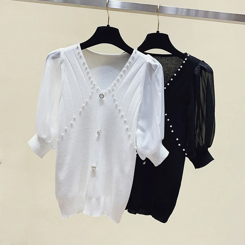 

Ice Silk Knitted Women Tops 2021 Summer Elegant Short Sleeve Chiffon Stitching Shirt Korean Bead V-neck Slim Blouse Women 15004