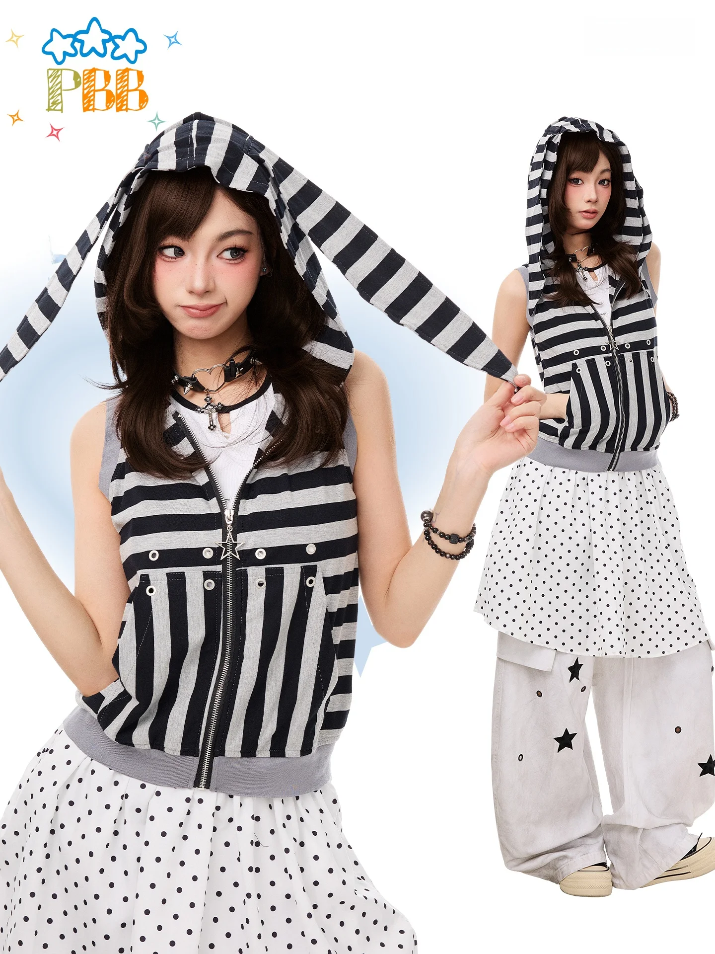 

PBB Women's Zipper Hoodie Tank Top Sleeveless Striped Summer Casual Lightweight Fashion Slimming Y2K Style Zipper Vest Top