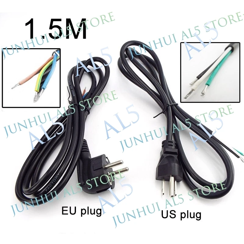 1/2/5pcs 1.5m Power Cable EU US Plug Open End Rewired Laptop Power Supply Extension Cord For Electric Fan Vacuum Dishwashers E4