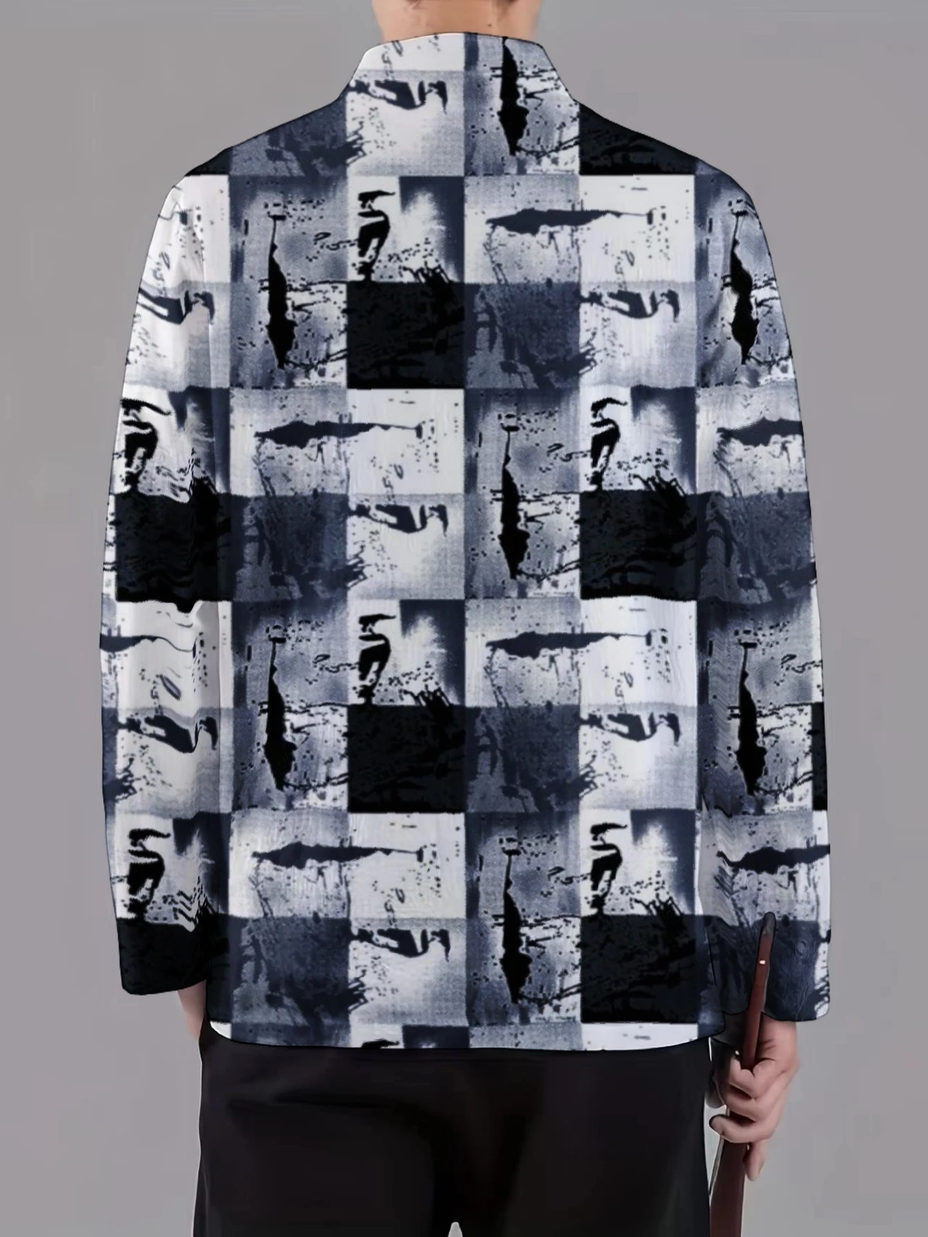 Men Mandarin Collar Frog Button Jacket Tropical Leaf Butterfly Print Traditional Outerwear