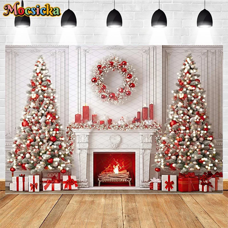 Mocsicka Red Christmas Backdrop For Holiday Party Child Adult Family Photo Background Fireplace Garland Xmas Tree Decor Props