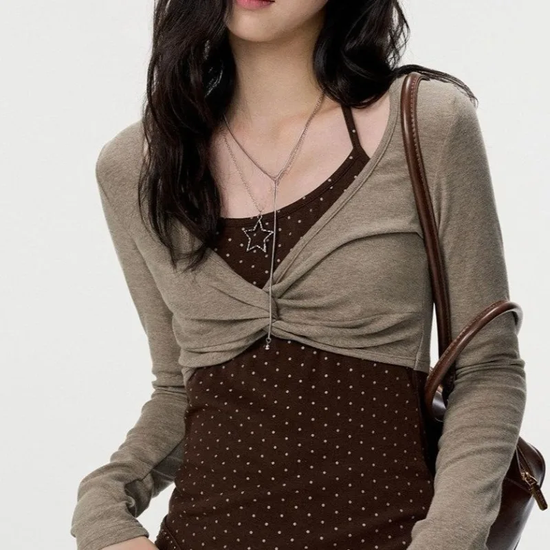 Kimutomo Women T Shirts Long Sleeve Patchwork Fake Two Piece Polka Dot Vintage Y2k Aesthetic Tops Autumn 2026 Fashion Casual - view 6