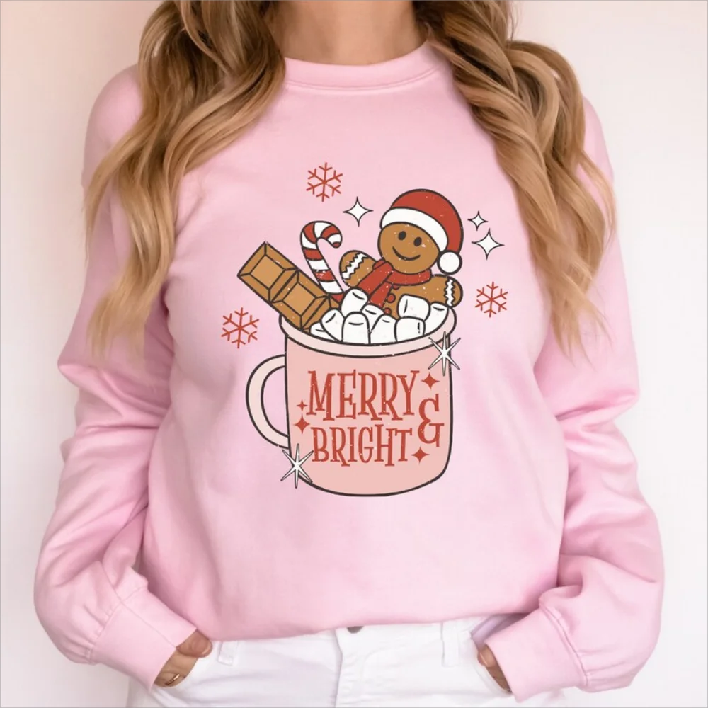 Gingerbread Cookie Merry And Bright Christmas Baking Sweatshirt Retro Christmas Coffee Womens Holiday Hot Cocoa Pullover Top