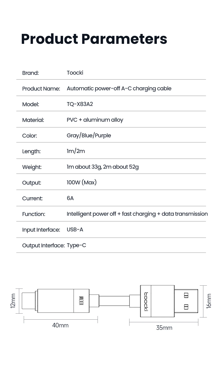 Toocki 100W USB-C-Kabel, 6A, QC4.0, Schnellladefunktion, intelligente automatische Abschaltung, Datenkabel für iPhone 15, Samsung Galaxy S23, S22, Huawei. – Detail 12