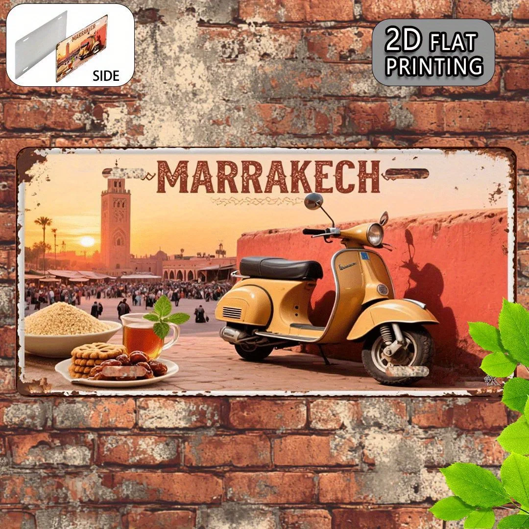 Marrakech Morocco Scooter License Plate Tin Sign - Vintage Durable Metal Plaque Wall Decor, Home Office Bar Man Cave Wall Art