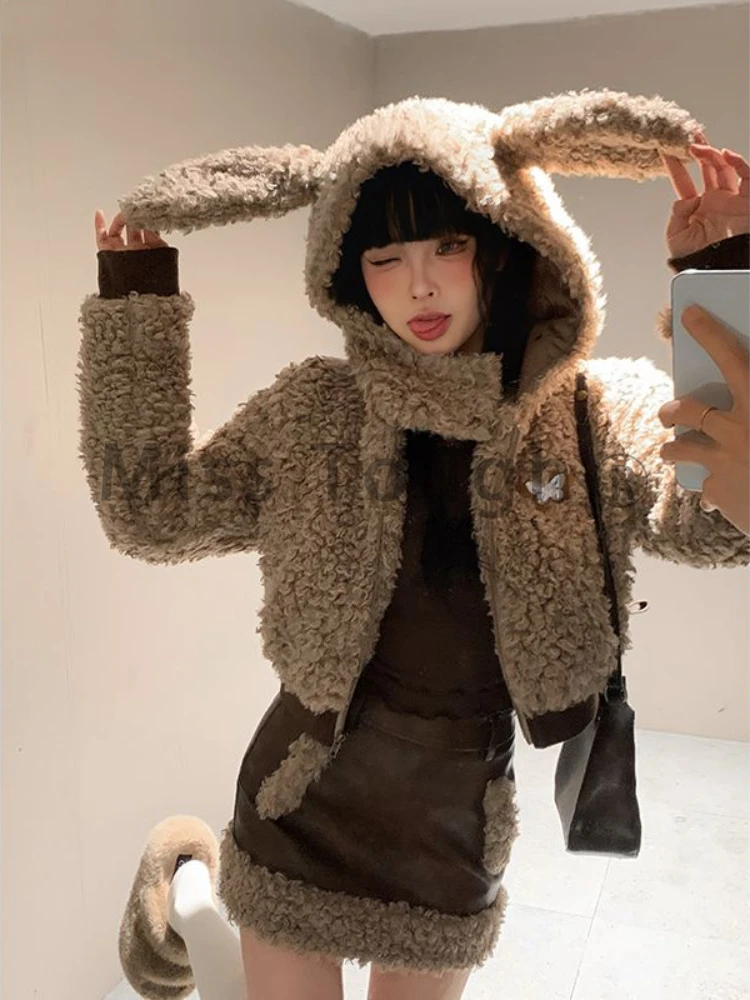 Kawaii Warm Elegant Two Piece Set Women Sweet Korea Casual Skirt Suits Female Cute Hooded Coat + Leather Y2k Skirt Winter 2024