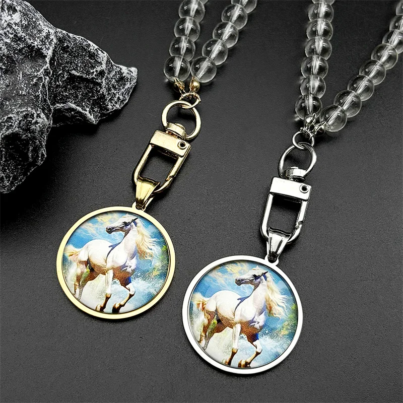 أنيقة الأبيض الحصان قلادة قلادة للنساء الرجال الفولاذ المقاوم للصدأ ميدالية الحيوان المهر المراعي الزجاج الخرز سلسلة مجوهرات هدايا