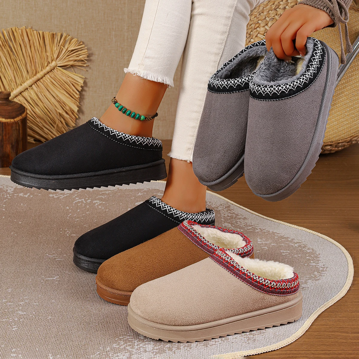 

Новинка 202, женские осенне-зимние зимние тапочки на платформе, замшевые удобные ботильоны, теплая плюшевая обувь на толстой подошве, женские шлепанцы