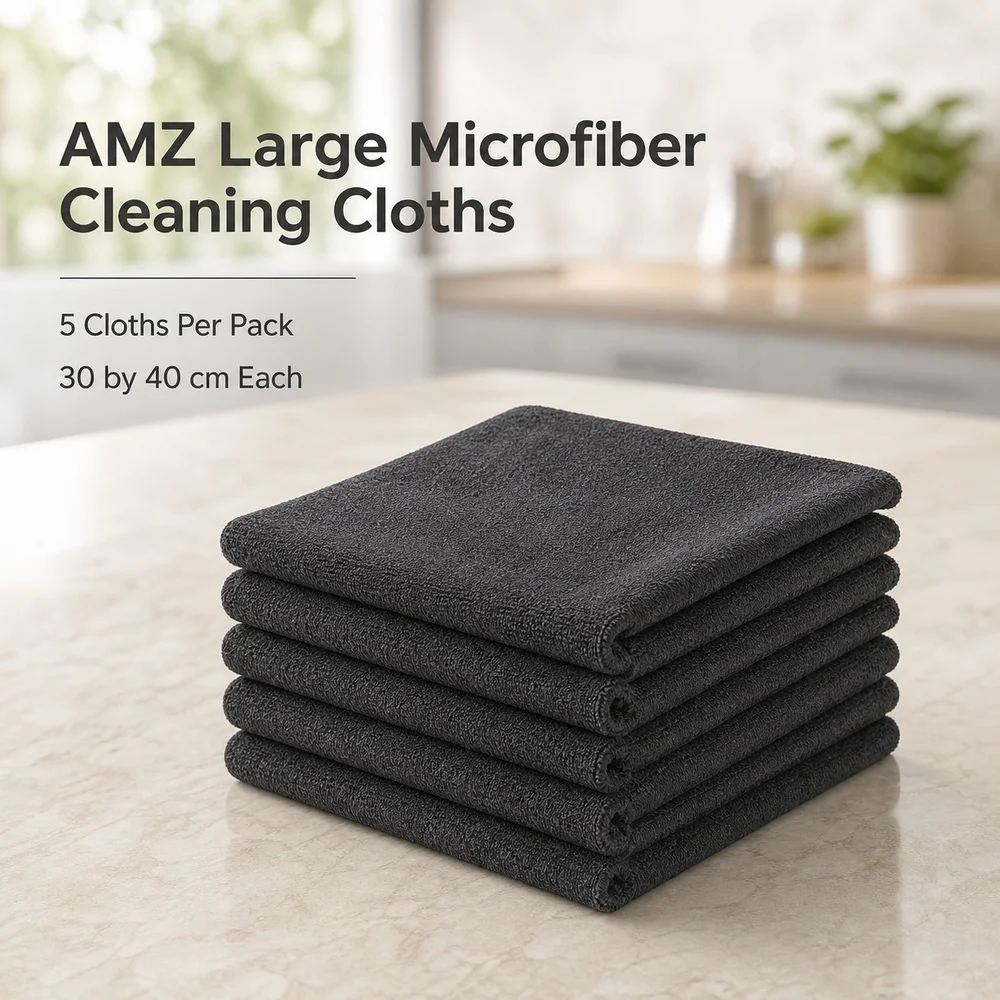 AMZ Large Microfiber Cleaning Cloth 5 Piece Set 30 by 40 cm for Glass Tile Countertops Furniture Car Interiors Washable Reusable