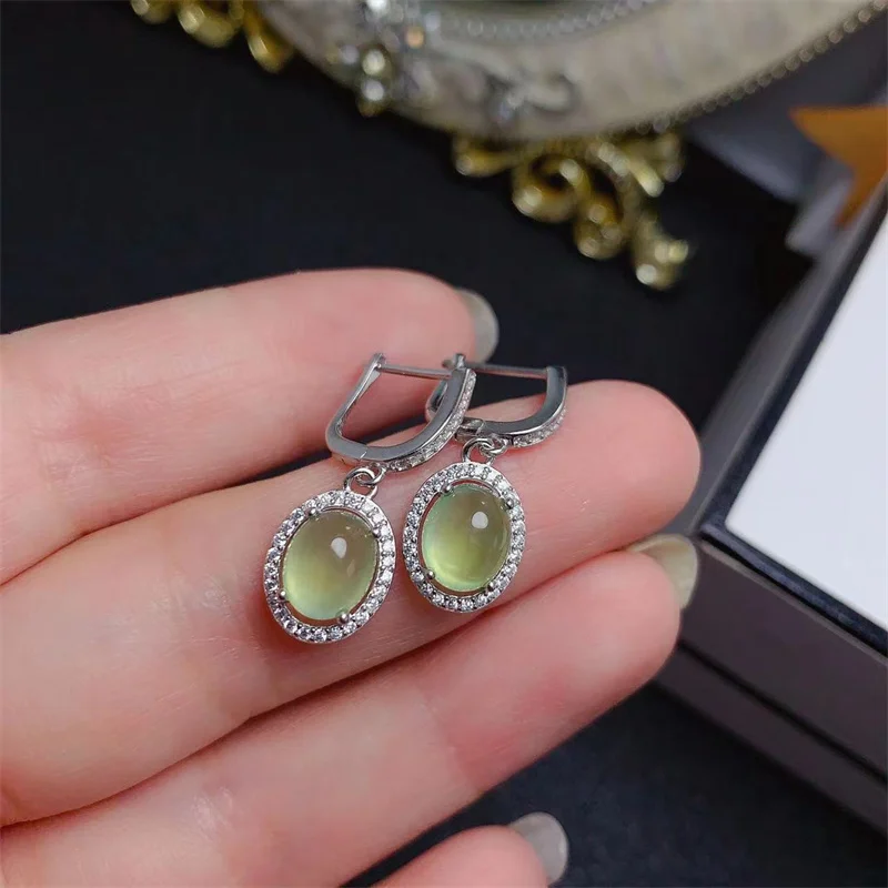 Natural Prehnite Original 925 Sterling Silver Drop Earrings Fine Genuine Gemstone  S925 Jewelry Design with Certificate