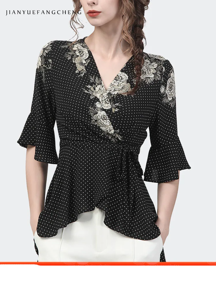 Fashion Women\' Summer Black Polka Dots Tuxedo Shirts Floral Blouses Short Sleeve V-Neck Drawstring Lace-Up Long Tail Tunic Tops