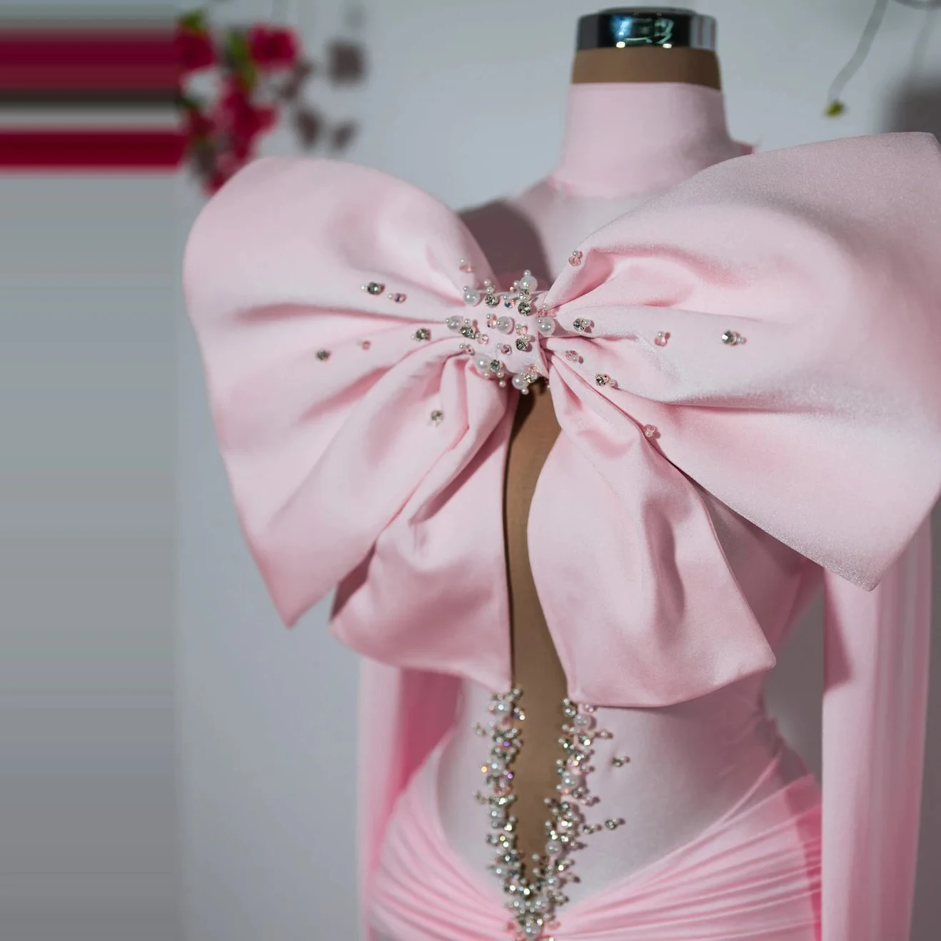 Pink Big Bow Ball Dress Heavy Duty Shining Crystal Formal Evening Dress Special Occasion Dress Customized Mermaid Long Dress