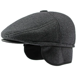 HT4287 Berets Thick Warm Winter Caps for Men Solid Black Grey Flat Cap Male 5 Panels Wool Beret Hat with Ear Flaps Beret Caps