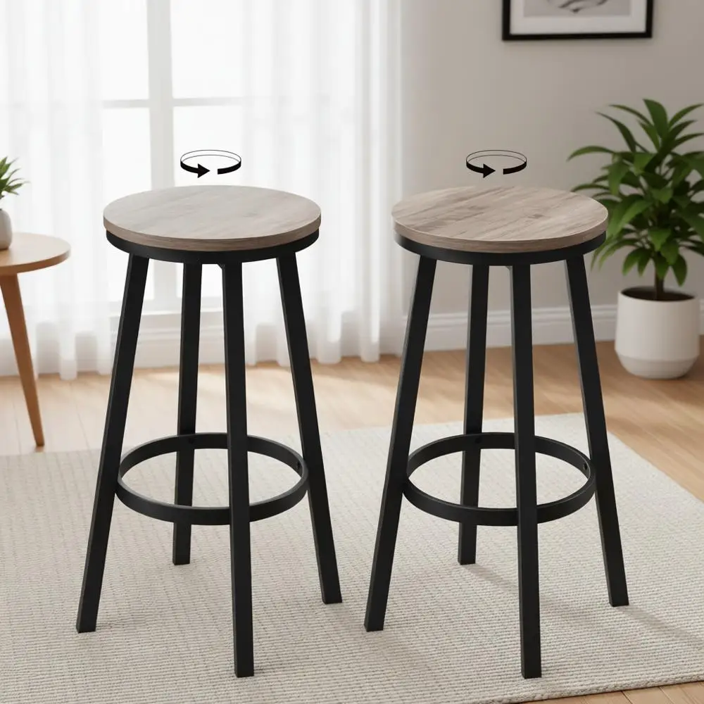 

Set of 2 Swivel Round Bar Stools with Footrest, 26.4 Counter Height, Industrial Style, Greige