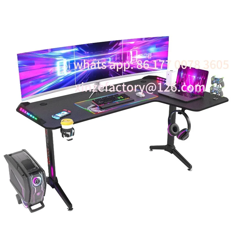 

Customizable L Shape Computer Gaming Desk RGB Led Lighted Table with Headphone Hook and Cup Holder