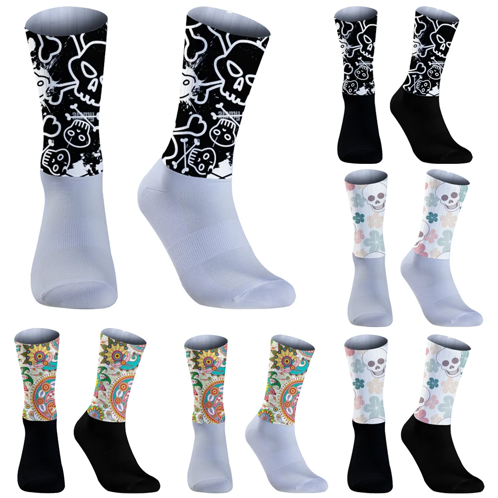 Skull pattern Bicycle Compression Sport Sock Anti Slip Professional Bike Socks  Men And Women Street Sports Socks  Cycling Socks