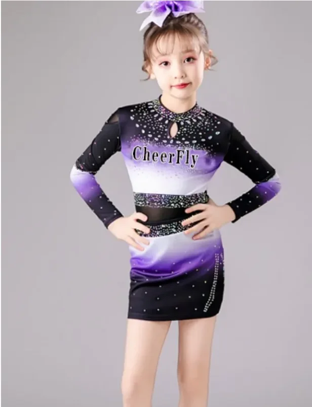 

Cheerleading Uniform Purple Gradient Cheer Fly Outfit with Rhinestones Long Sleeve Cheer Practice Kids Competition Performance