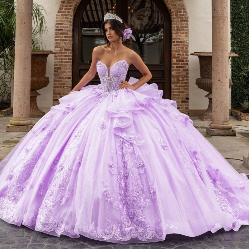 Jasnofioletowe, błyszczące suknie Quinceanera, suknie balowe, z odkrytymi ramionami, aplikacje kwiatowe, koraliki, tiulowy gorset, słodka sukienka na 16 urodziny, Vestidos 15