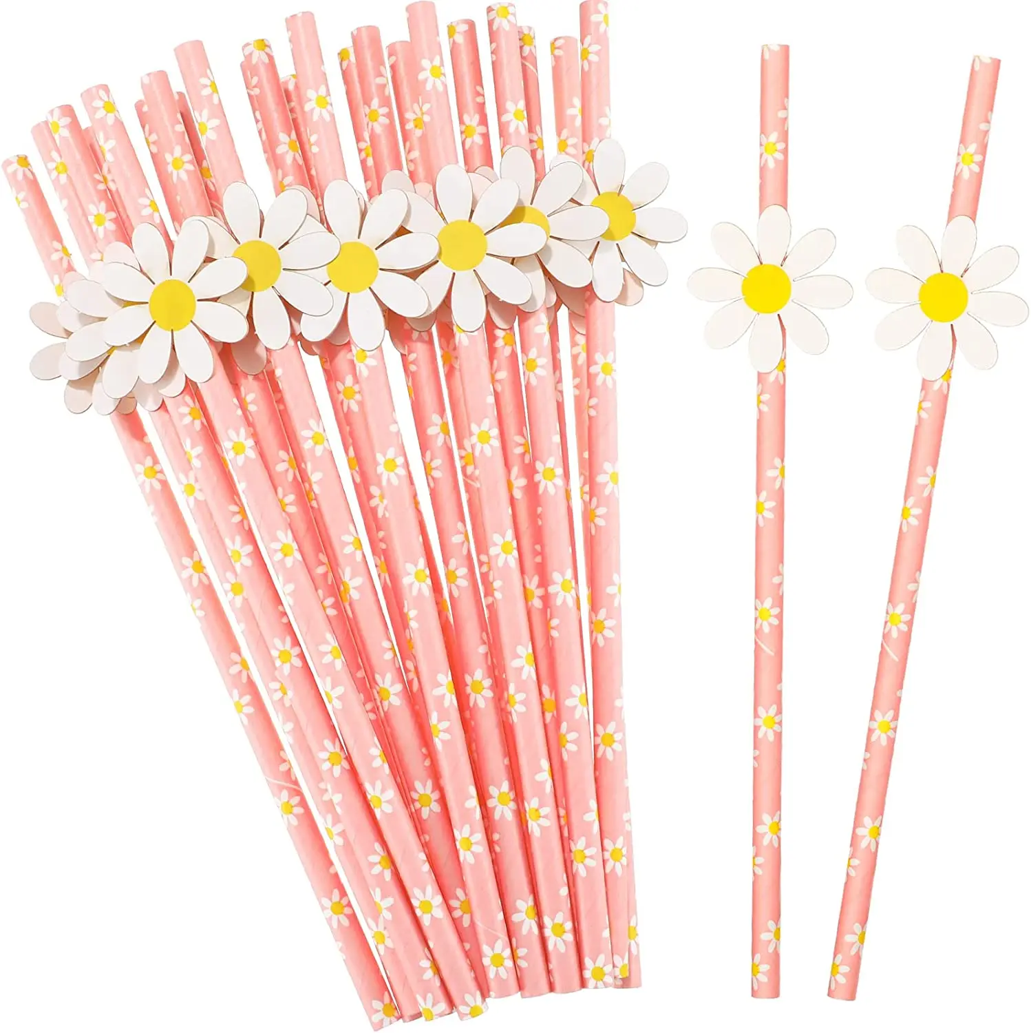 20Pcs Daisy Paper Straw Disposable Two Groovy Boho Floral Pink Straws Girls Birthday Supplies Little Baby Shower Wedding Decor