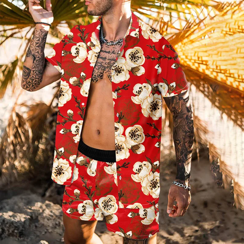 Summer Hawaiian Blossom 3D Print Men Shirt Sets Fashion Short Sleeve Shirt Oversized Beach Shorts Streetwear Suits Clothes