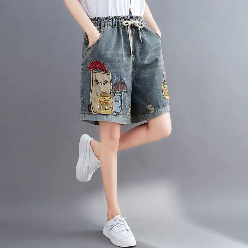 Women Summer Fashion Trend Loose Embroidered Cartoon High Waist Harem Women Clothes Casual All-match Appear Thin Denim Shorts