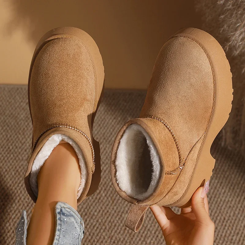 

2025 Новые зимние ботинки из искусственной замши на толстом каблуке, женские теплые плюшевые зимние ботинки без шнуровки, женские удобные нескользящие ботинки на платформе, Botas Mujer