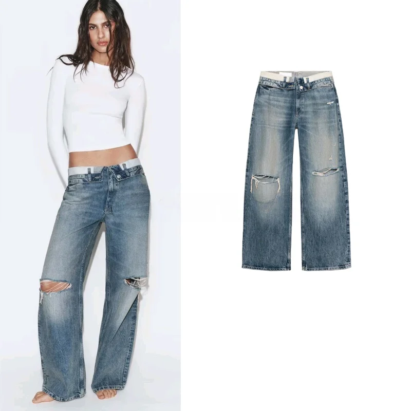 

Spring New Women's Casual Metal Button Zipper Cuffed Waist Mid-Rise Denim Jeans Natural Waist Wide Leg Polyester Fiber