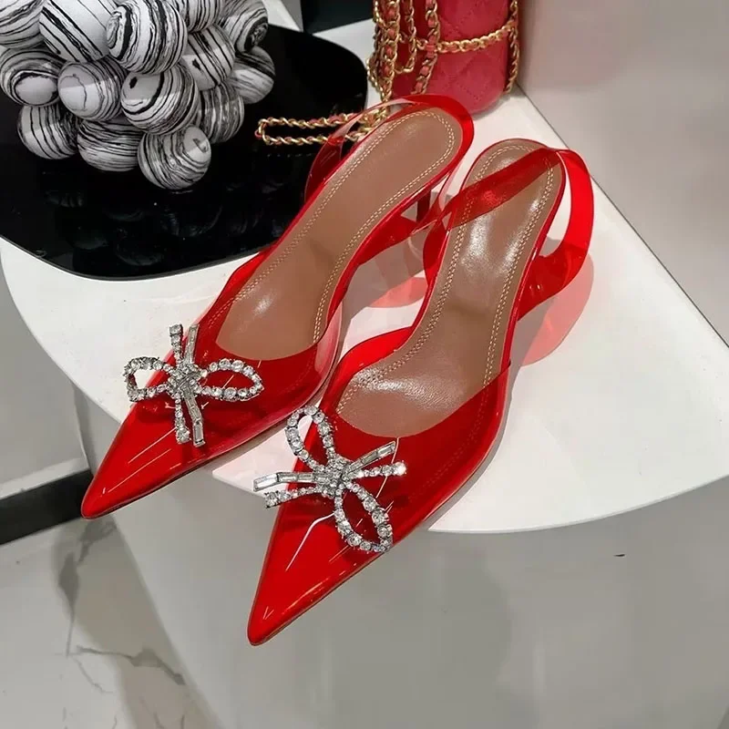 Pointed Toe Clear PVC Thin High Heels Sandals Women Butterfly-knot Rhinestone Decor Sexy Sandalias Summer Party Dress Shoes view 5