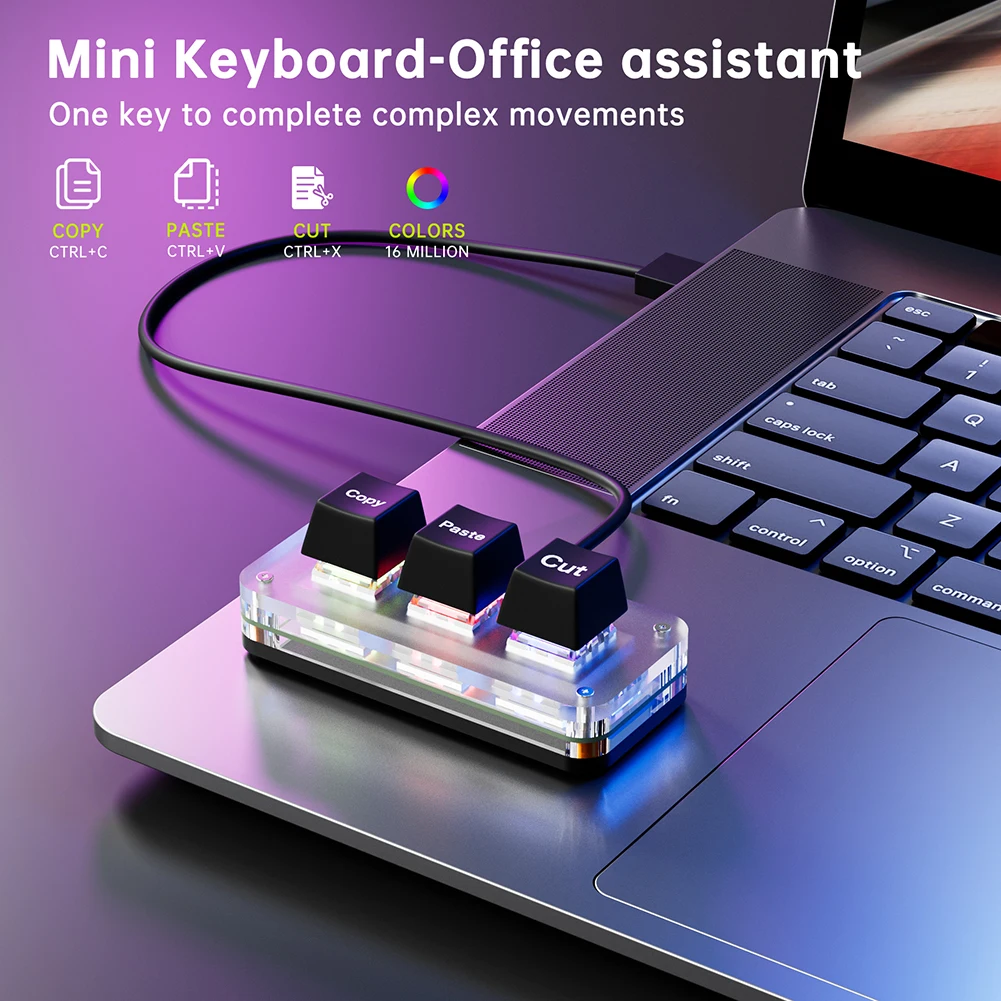 RGB Mini Cut Copy Paste Keyboard 3-Key Gaming Mechanical Keyboard USB Type-C  Hotswap Macro Keypad for Working Gaming