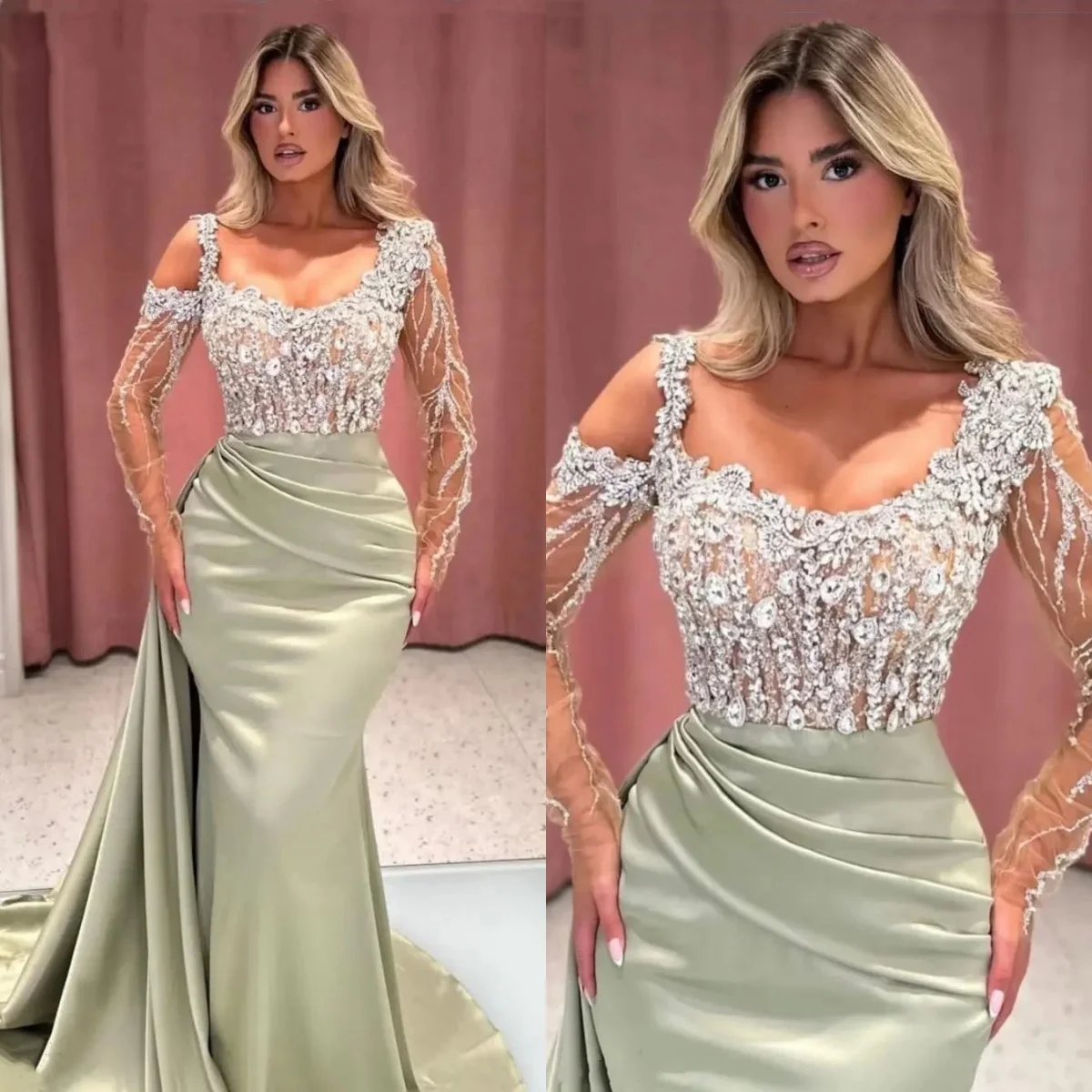 

Fashion Crystal Mermaid Prom Dresses Beading Sequins Evening Gowns Long Sleeve Party Dress Robes de soirée