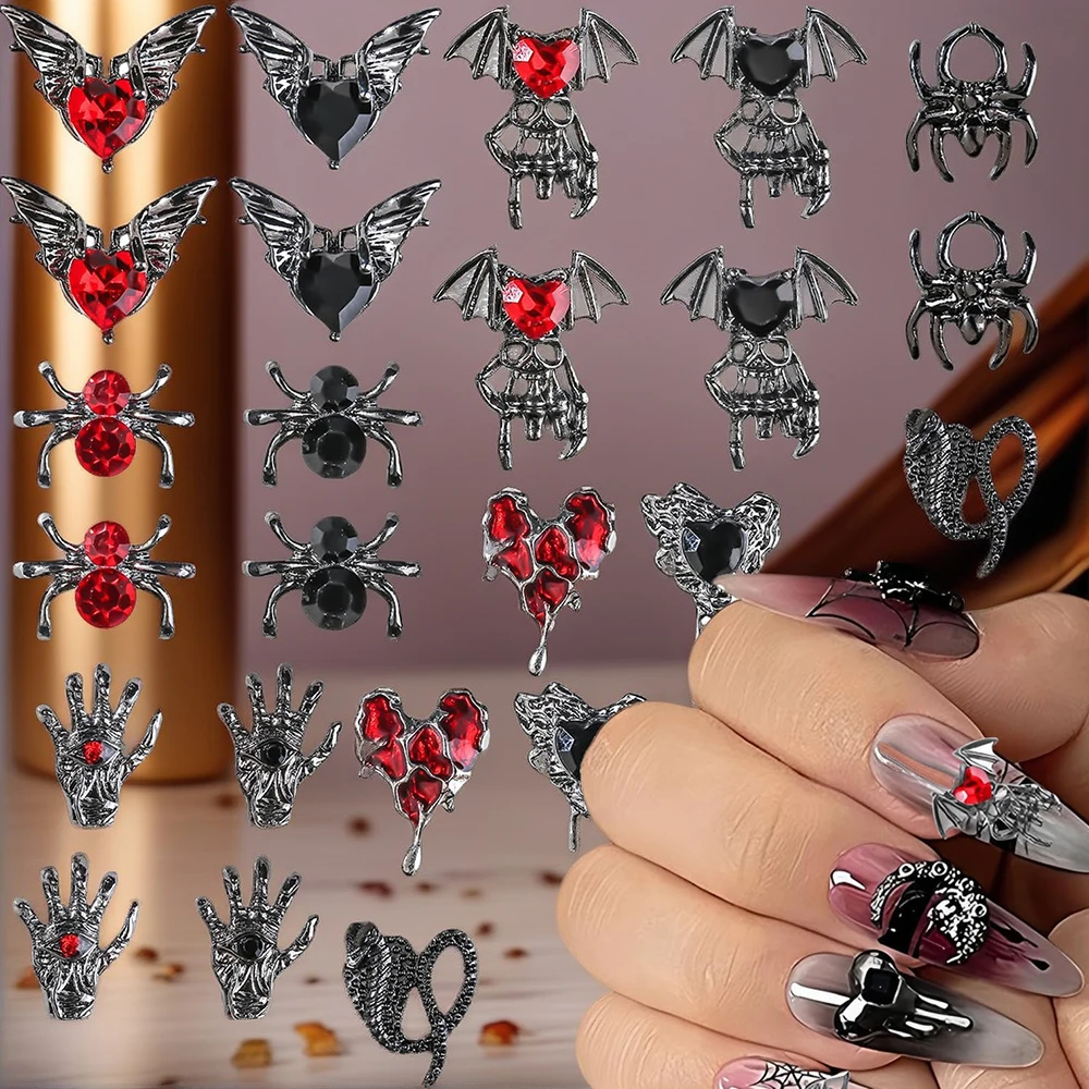 20pcs/pack Random Halloween Nail Charms with Dark Crystals Metal Nail Decorations Devil Hand Spider Heart Manicure DIY Y2K Parts