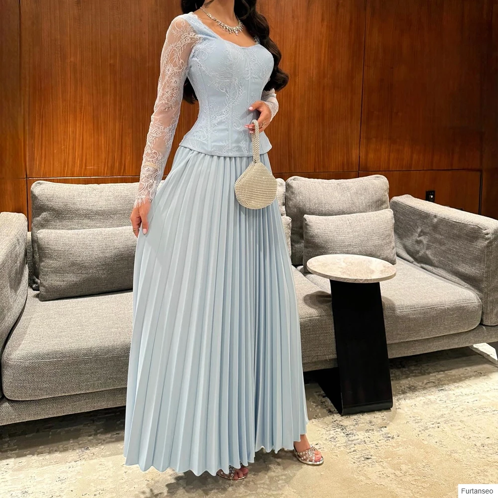 

A-line Women's Evening Dresses Ankle-length Scoop-neck Full Sleeve Prom Gown Fashion Lace Simple Draped Casual Customized Gowns