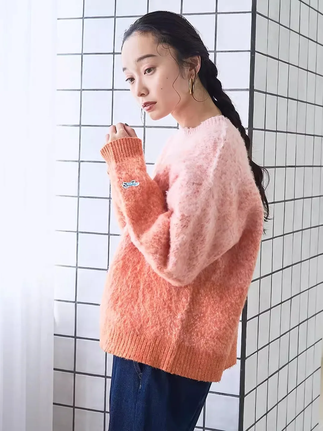 Suéter de Punto para Mujer, Estilo Dulce, Color Deadado, Cuello Redondo, Manga Larga, Estampado de Zorro, Corte Hoado, In...