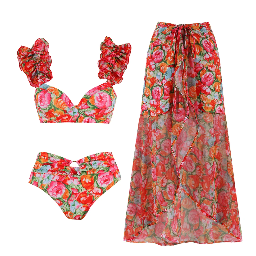 2024 New Chinese Style 3-Piece Women Bikini Set Push Up Floral Print Ruffle Bikinis Swimwear Sexy Brazilian Biquini Bathing Suit