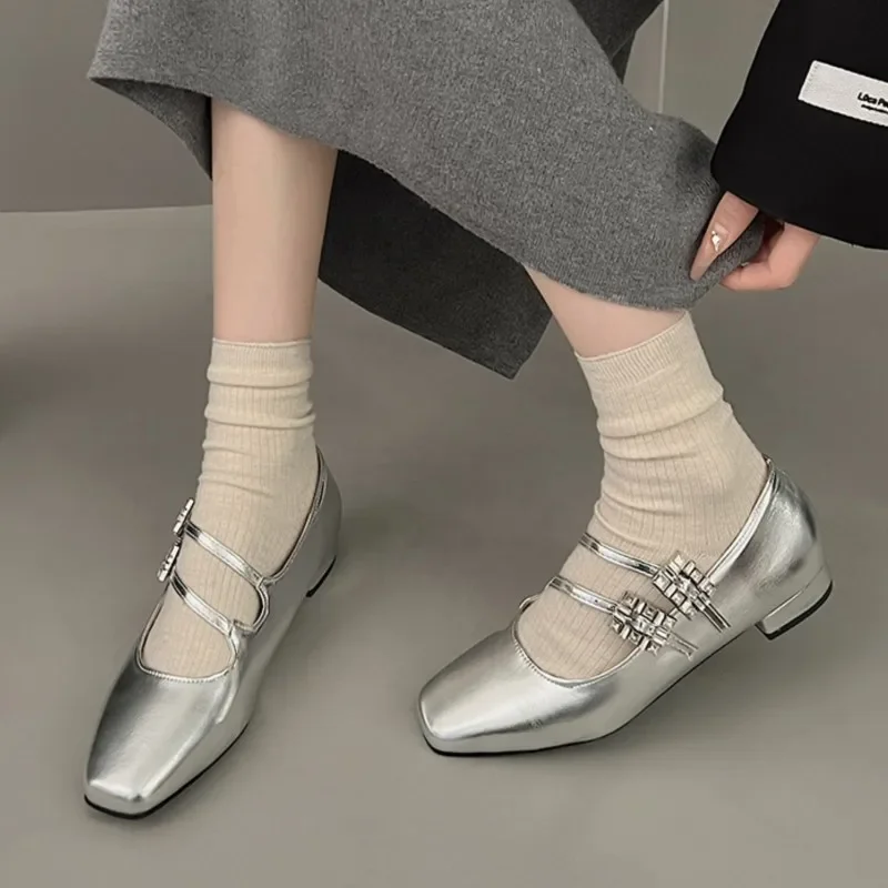 

2025 New Women's Flats Mary Janes Shoes Double Button Crystal Dress Shoes Square Toe Girls Pricess Shoes Spring