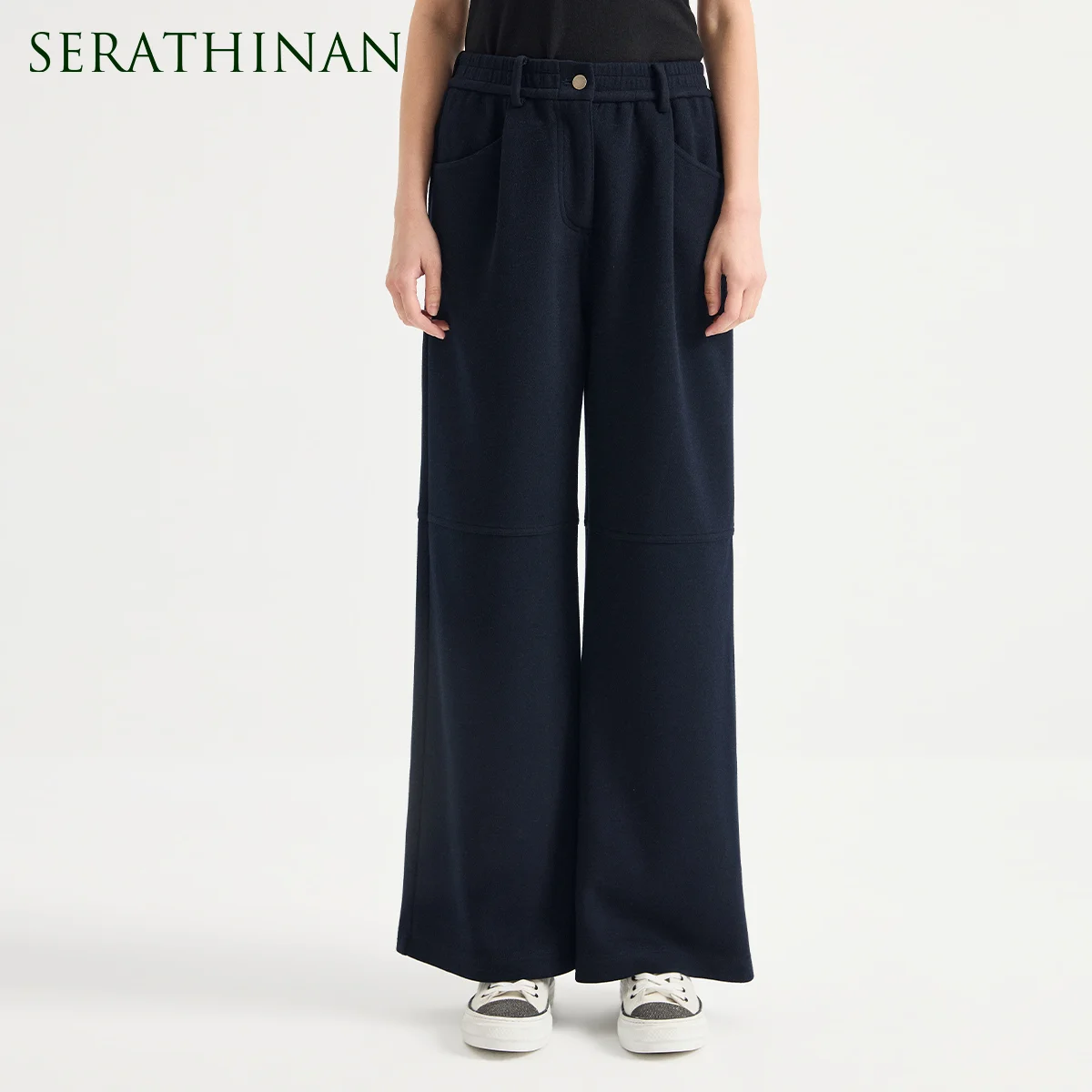 KT7624020 Cashmere Blend Wide Leg Pants for Women's Elastic Waist Knee Seam Chain Trim Timeless Quiet Luxury Fall