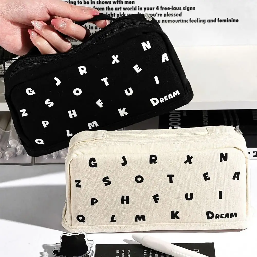Durable Letter Print Pencil Case Standing Multi-Functional Pen Bag Large Capacity Stationery Organizer Students