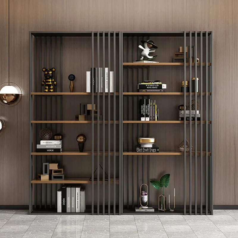 Modern minimalist solid wood floor standing bookshelf, iron art office partition cabinet, sample room storage rack