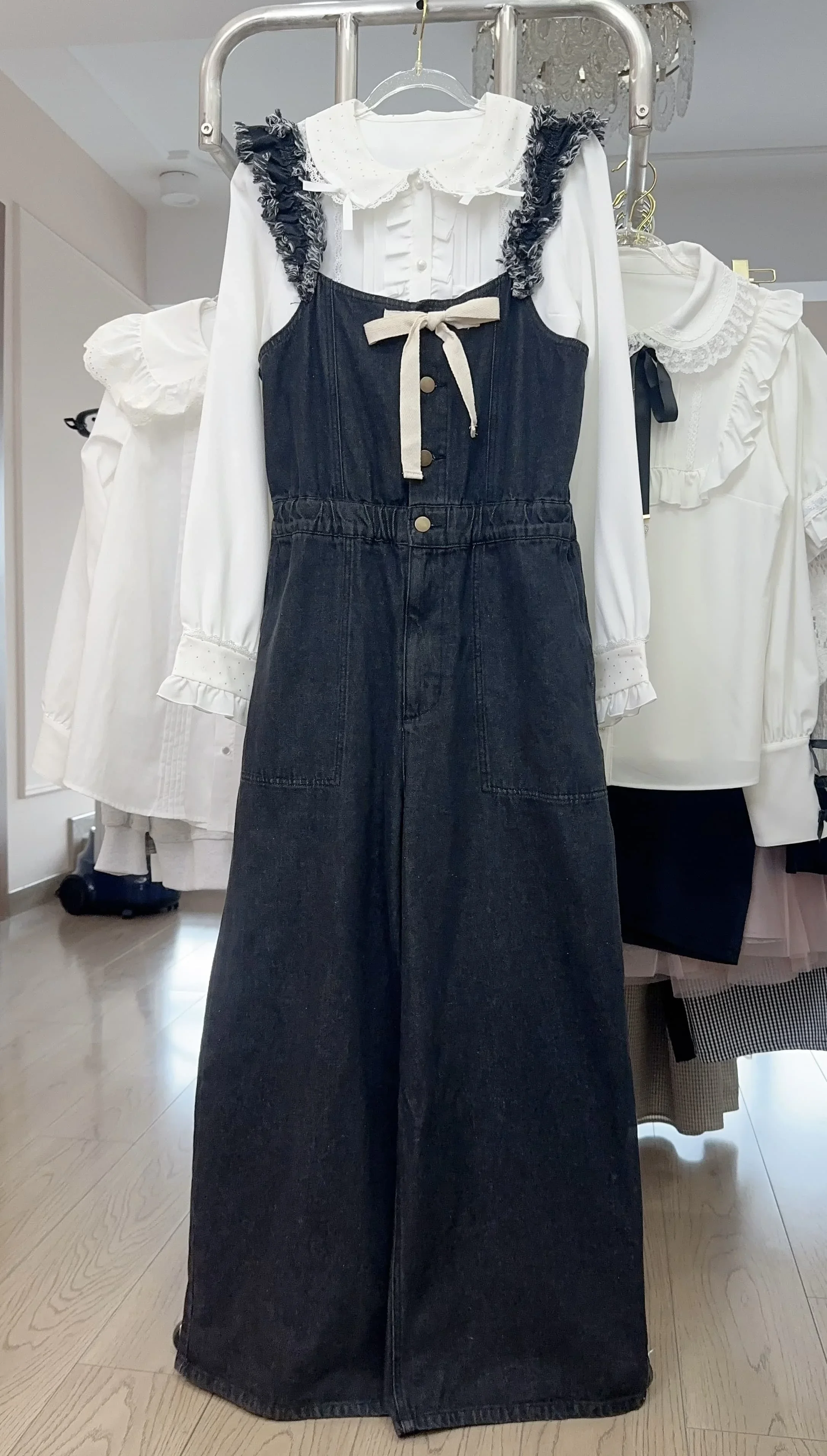 

Spring and Summer Bow Cute Sweet Girls Suspenders Denim Pants Loose Elastic Waist Overalls Loose Wide-leg Baggy Jeans