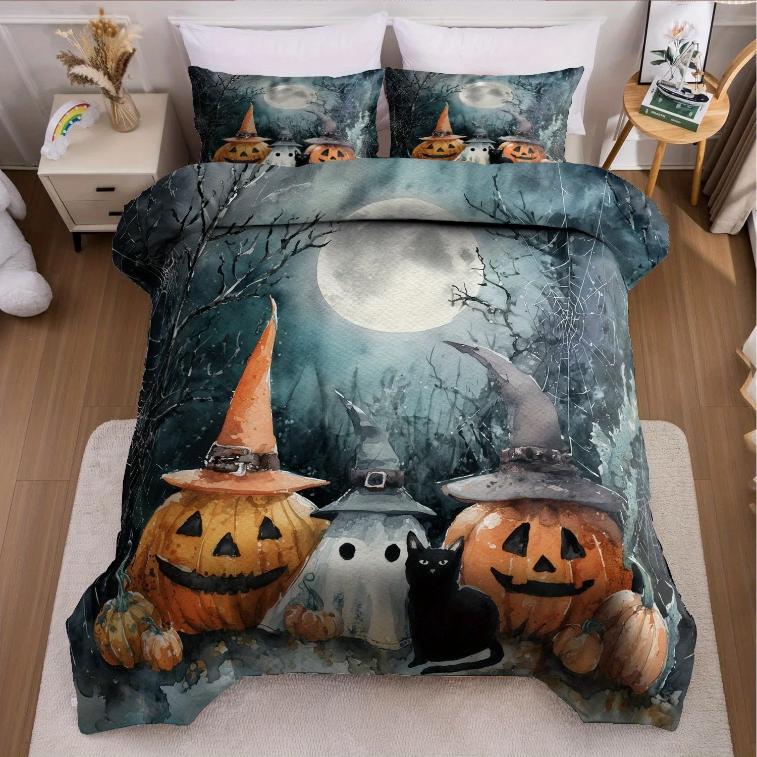 

3pcs Halloween Duvet Cover Set without Insert, Soft Polyester Quilt Cover with 2 Pillowcases, Blue Green Witch Hat & Pumpkin