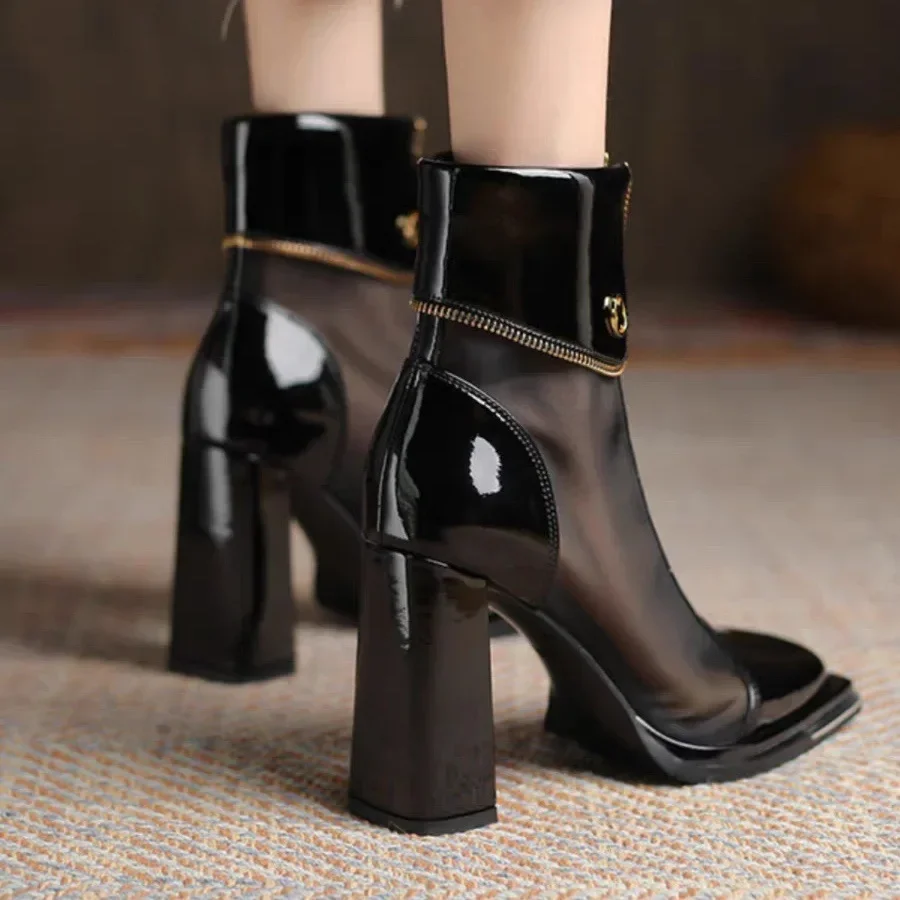 Fashion Chunky High Heels  Spring Mesh Solid Color Cool Boots Outwear Square Toe Sexy Pumps Female Short Boots